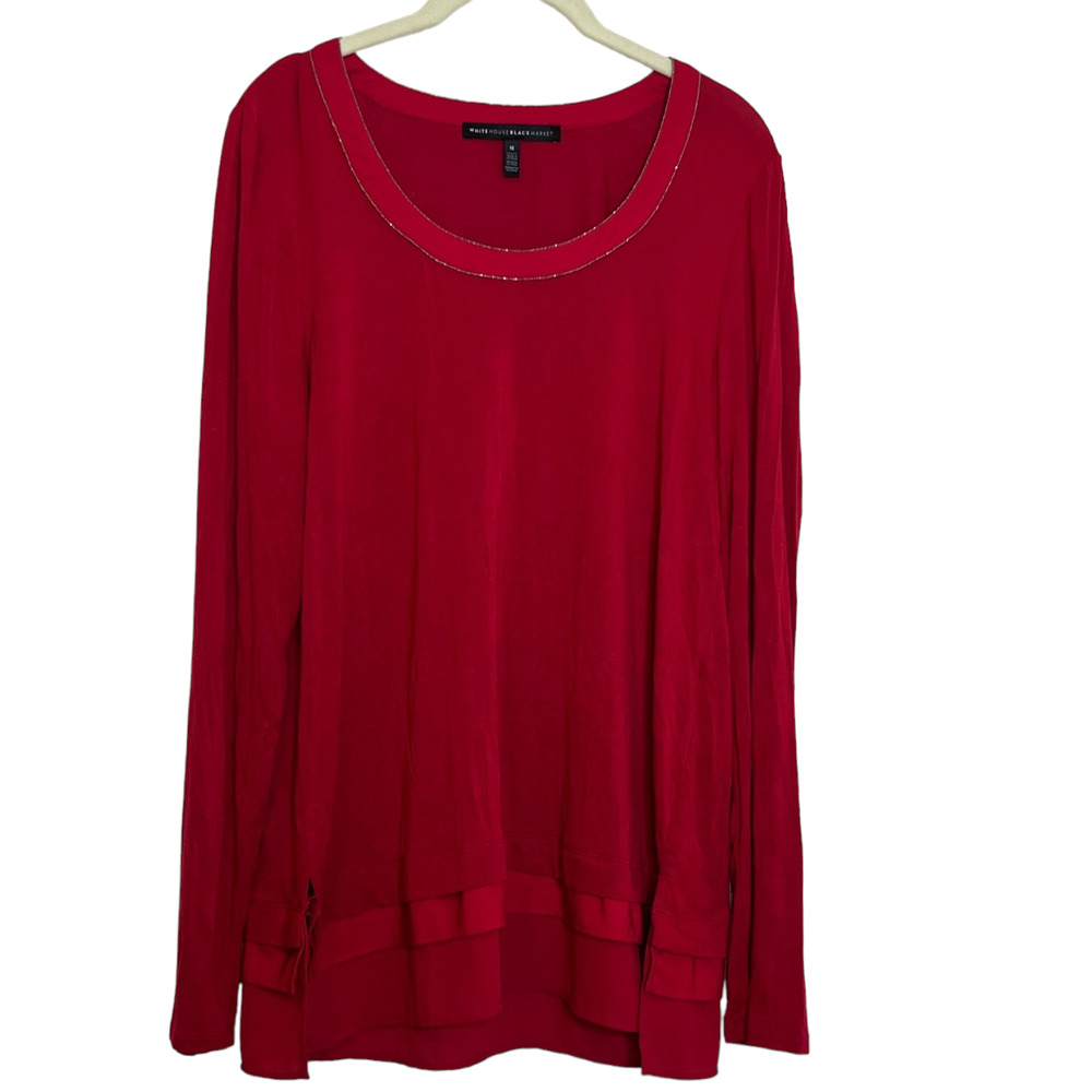 WHBM Womens Knit Top Medium Red Slinky Knit Silver Beaded Scoop Neck Chiffon Hem